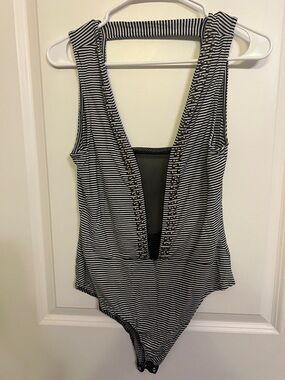 gimmicks by BKE Black and White Striped Studded Deep V Bodysuit